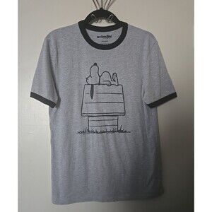 Peanuts Snoopy Doghouse Ringer T-Shirt Gray Black We Love Fine NWOT Sz Small